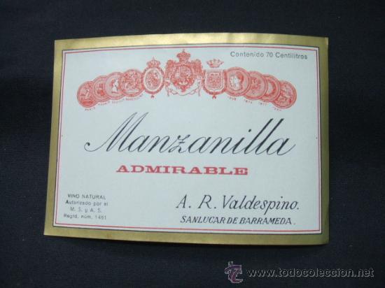 Alte Etiketten: ETIQUETA - MANZANILLA ADMIRABLE - A.R. VALDESPINO - SANLUCAR DE BARRAMEDA -