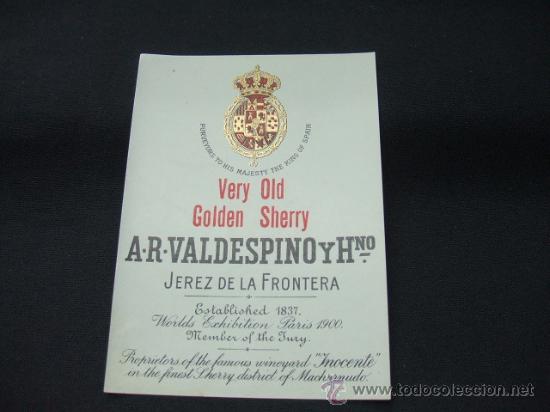Alte Etiketten: ETIQUETA - VERY OLD GOLDEN SHERRY - A.R. VALDESPINO Y HERMANO - JEREZ DE LA FRONTERA -