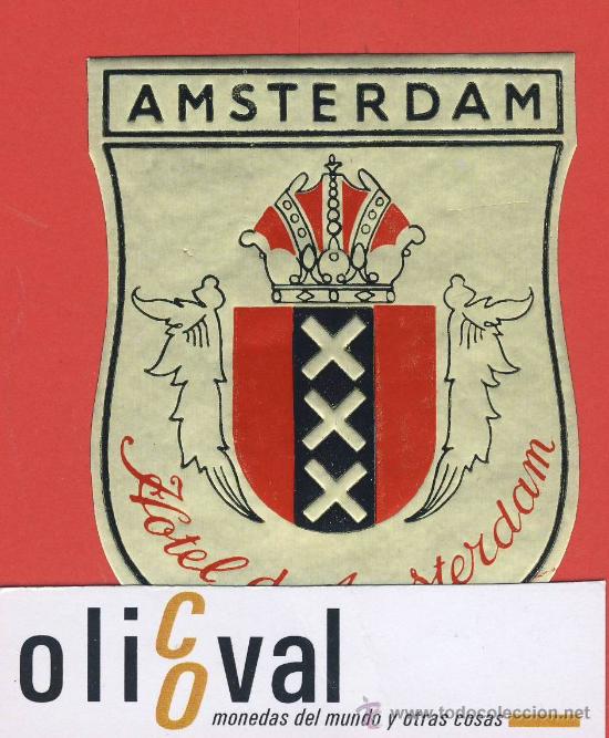 Etiquetas antiguas: ETIQUETA  HOTEL-HOTEL  d. Amsterdan - Amsterdan-ilustracion-hueco metalizado -troquel- 62 x 85   mm.