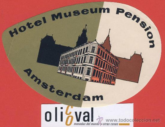 Etiquetas antiguas: ETIQUETA  HOTEL-HOTEL Museum Pension- Amsterdan-ilustracion-hueco -troquel- 140 x 90  mm.