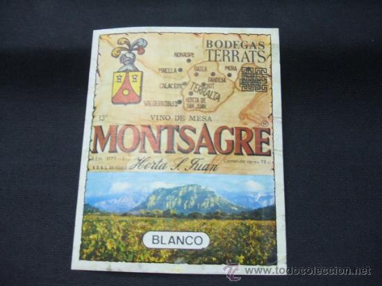 Alte Etiketten: ETIQUETA - BLANCO - VINO DE MESA MONTSAGRE - BODEGAS TERRATS - HORTA S. JUAN -