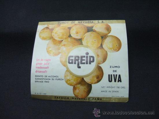 Old Labels: ETIQUETA - ZUMO DE UVA - GREIP - ZUMOS DE NAVARRA S.A. - TAFALLA - NAVARRA -