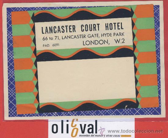 Etiquetas antiguas: ETIQUETA  HOTEL-INGLATERRA  HOTEL lancaster court-London - ilustracion -naranja -150 x 110-mm