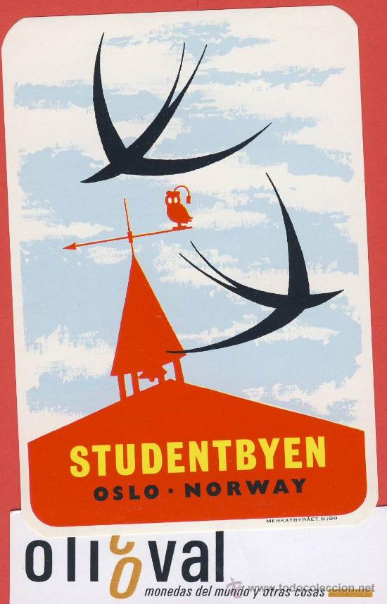 Etiquetas antiguas: ETIQUETA  HOTEL-NORUEGA- HOTEL STUDENTBYEN -OSLO- ilustracion datada  -110 X 75 -mm