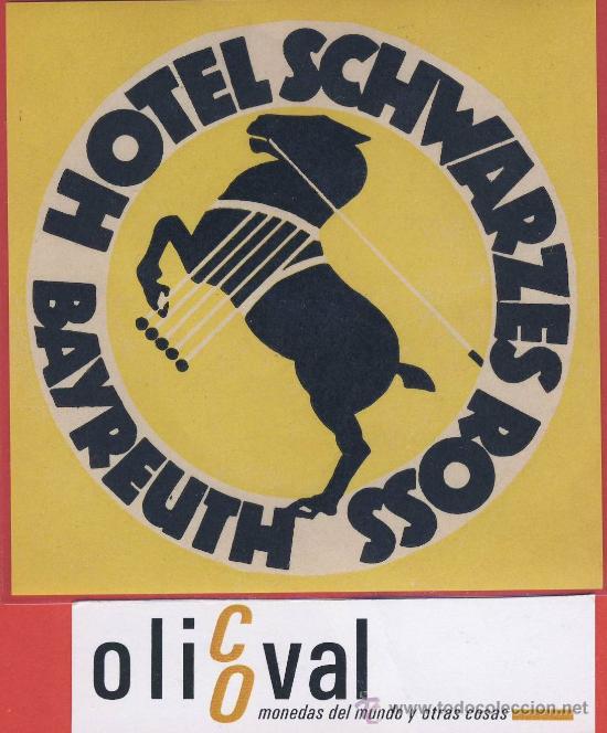Etiquetas antiguas: ETIQUETA  HOTEL -LIBANO -HOTEL SCHWARZES ROSS-BEIRUT-BAYREUTH-LUSTRACION  - 90  mm