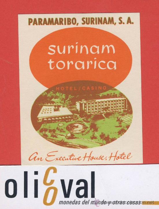 Etiquetas antiguas: ETIQUETA  HOTEL-SURIMAN-EL CARIBE-HOTEL SURIMAN TORARICA -  ILUSTRACION HUECO -56X 70 mm