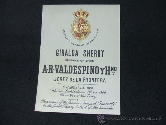 Alte Etiketten: ETIQUETA - GIRALDA SHERRY - A.R. VALDESPINO Y HERMANO - JEREZ DE LA FRONTERA -
