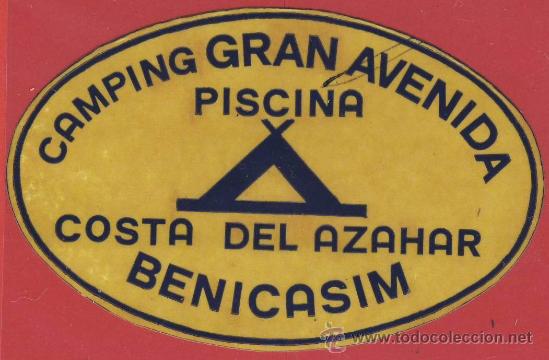 Etiquetas antiguas: Etiqueta hotel-Camping-Castellon-Gran Avenida-benicasin-amarilla-96 mm-Se&ntilde;ales de boligrafo