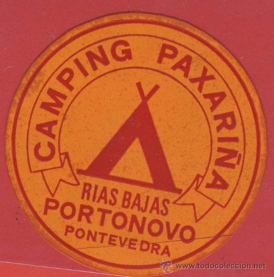 Etiquetas antiguas: Etiqueta hotel-Camping-pontevedra-paxari&ntilde;a-portonovo -naranja- 60 x mm-Se&ntilde;ales de lapiz-corte-