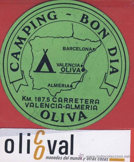 Etiquetas antiguas: Etiqueta hotel-Camping-Valencia-bon dia -oliva-verde-  80 x  mm-Se&ntilde;ales lapiz