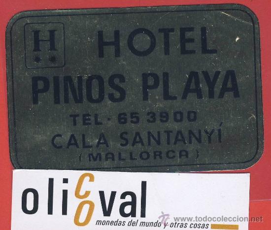 Etiquetas antiguas: ETIQUETA HOTEL-ESPA&Ntilde;A-Islas baleares- Pinos playa-cala santanyi -mallorca -metalizada-85x 55 mm
