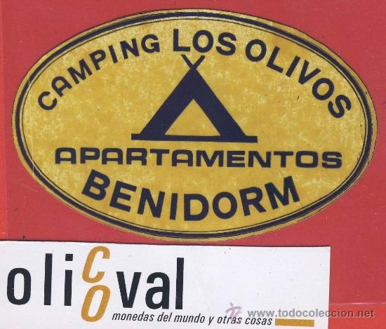 Etiquetas antiguas: ETIQUETA HOTEL-ESPA&Ntilde;A- camping -alicante-los olivos -amarillo-benidorm - oval -85 mm