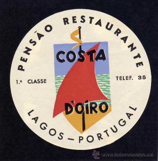 Etiquetas antiguas: ETIQUETA HOTEL - PENSAO RESTAURANTE COSTA D&acute;OIRO - LAGOS - PORTUGAL.