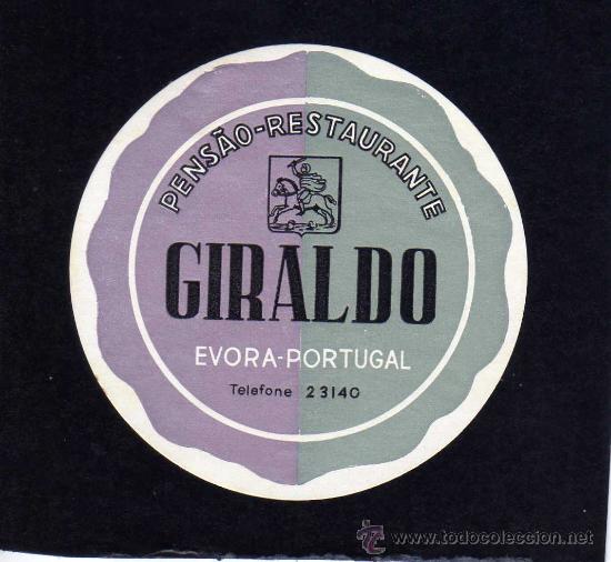 Etiquetas antiguas: ETIQUETA HOTEL - PENSAO RESTAURANTE GIRALDO - EVORA - PORTUGAL.