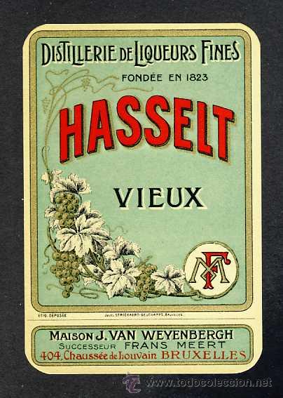 Etiquetas antiguas: Etiqueta de licor litografica: Hasselt