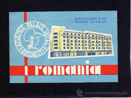 Etiquetas antiguas: ETIQUETA HOTEL    -    ATHENEE PALACE HOTEL - BUCURESTI - RUMANIA.