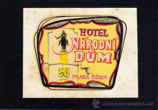Etiquetas antiguas: ETIQUETA HOTEL    -         HOTEL N&Aacute;RODN&Iacute; DUM - PRAHA - CHECOSLOVAQUIA.  7 X 8.50 CM.