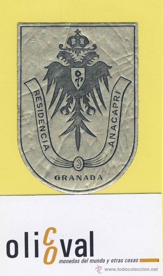 Etiquetas antiguas: ETIQUETA HOTEL-granada residencia anacapri metalizada impresion negra 60 x 83 mm