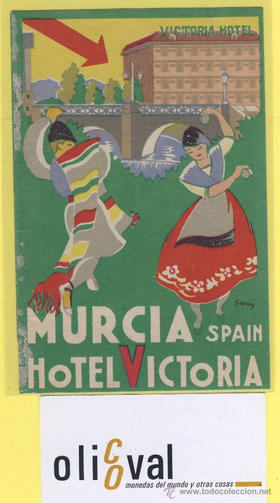 Etiquetas antiguas: ETIQUETA  HOTEL-  murcia  hotel victoria rareza por la flecha ver defecto 135 X 90 mm