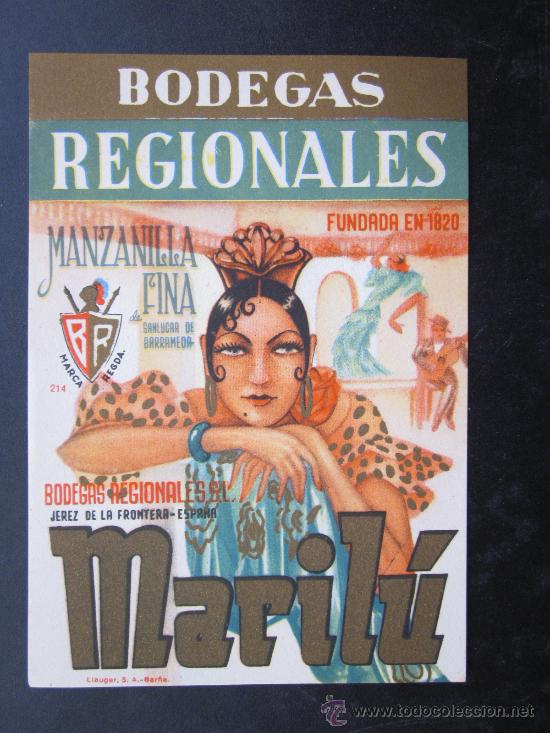 Etiquetas antiguas: ETIQUETA VINO-LICOR-JARABE - MANZANILLA FINA MARILU - BODEGAS REGIONALES - JEREZ DE LA FRONTERA