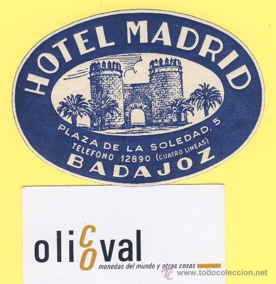 Etiquetas antiguas: ETIQUETA HOTEL- hotel madrid -badajoz a&ntilde;os 50 oval 100 mm ilustracion. hueco