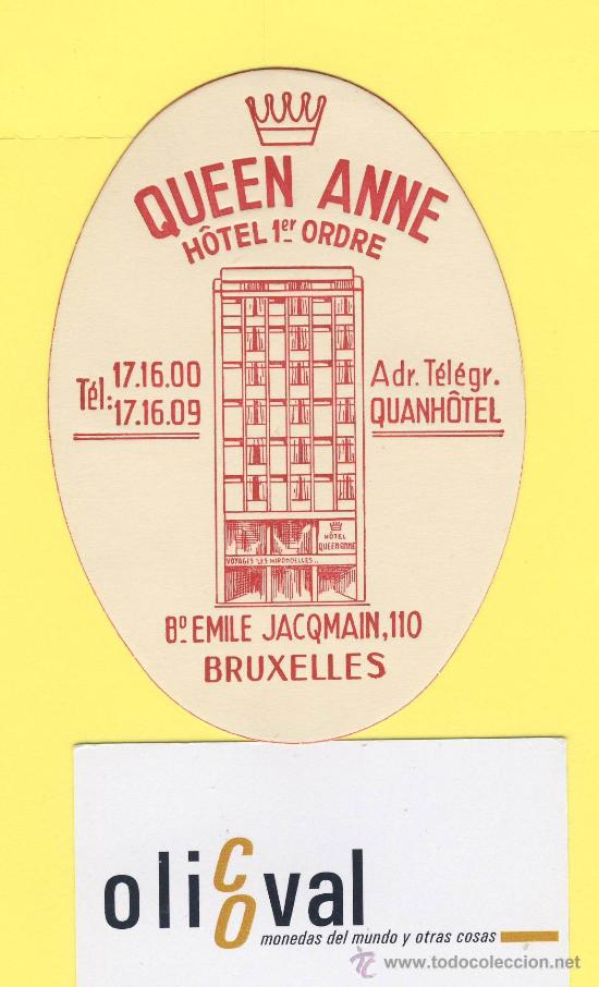 Etiquetas antiguas: ETIQUETA HOTEL- hotel queen anne -bruxelles -belgica - ilustracion - oval 110 mm