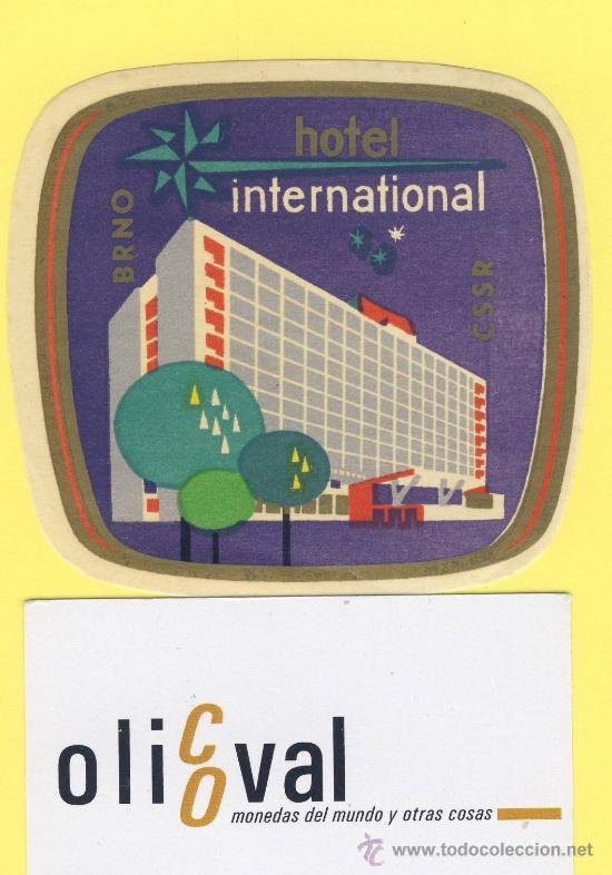 Etiquetas antiguas: ETIQUETA  HOTEL- hotel internacional -brno- chescolovaquia  - ilustracion -85 x 80 mm -