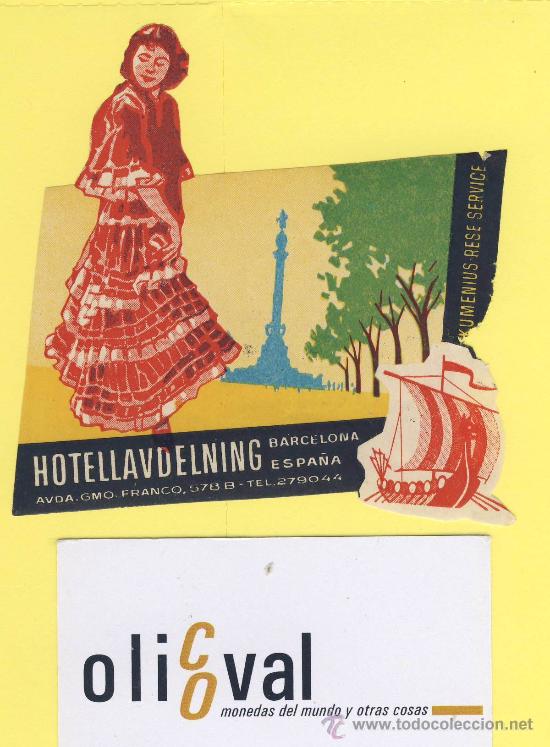 Etiquetas antiguas: ETIQUETA HOTEL- hotellavdelning barcelona esa&ntilde;a datada a&ntilde;os 50 troquel 85 x 90 mm