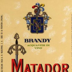 Etiquetas antiguas: MATADOR BRANDY ACQUAVITE DI VINO 3 ANNI VALDESPINO NUEVA ORIGINAL. Lote 28922826