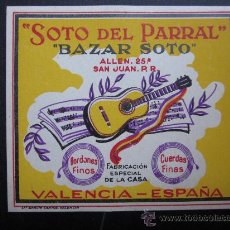 Etiquetas antiguas: ETIQUETA DE GUITARRAS SOTO DEL PARRAL AÑOS 1930, CON LA BANDERA Y COLORES REPUBLICANOS - VALENCIA