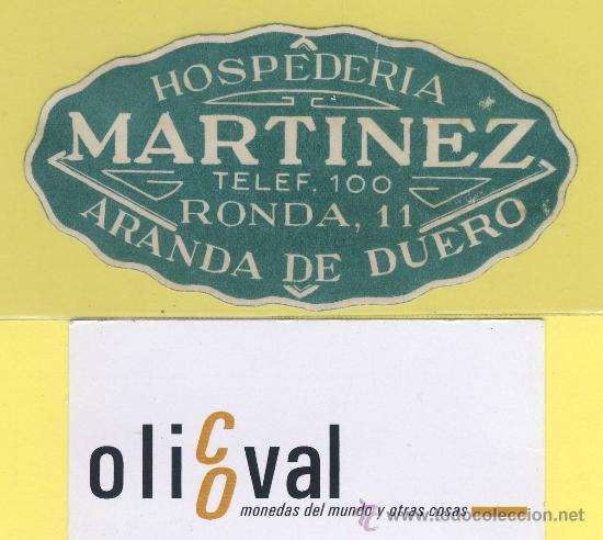 Etiquetas antiguas: ETIQUETA HOTEL- Burgos - Hosperia Martinez Aranda del Duero oval -Procente de Muestrario