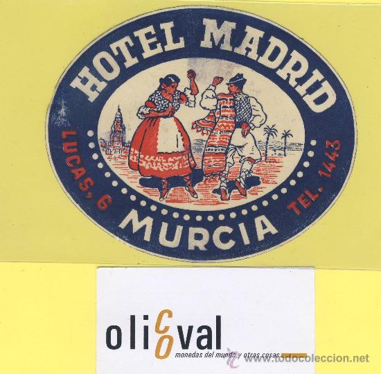 Etiquetas antiguas: ETIQUETA HOTEL- Murcia -Hotel Madrid oval 115 mm -Procente de Muestrario