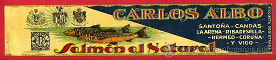 Old Labels: ETIQUETA CONSERVAS , CARLOS ALBO , SALMAON AL NATURAL , SANTO&Ntilde;A CANTABRIA , ORIGINAL, E982