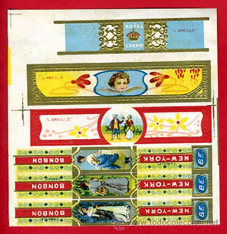 Alte Etiketten: ETIQUETA , LOTE VITOLAS EN UNA HOJITA, ROYAL CREME Y NEW YORK , BOMBON , ANTIGUAS, ORIGINAL, E1003