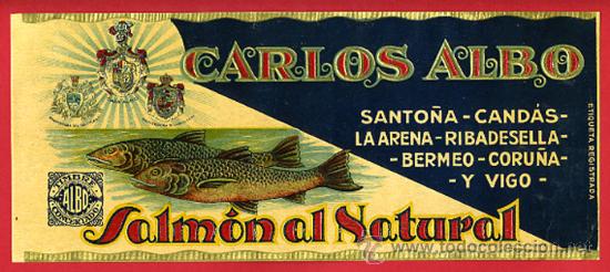 Old Labels: ETIQUETA CONSERVAS SALMON ALBO , SANTO&Ntilde;A SANTANDER CANTABRIA , RELIEVE , ANTIGUA, ORIGINAL, E1042