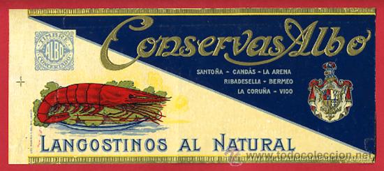 Old Labels: ETIQUETA CONSERVAS ALBO , LANGOSTINOS , SANTO&Ntilde;A CANTABRIA , RELIEVE , ANTIGUA, ORIGINAL, E1046