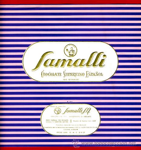 Alte Etiketten: ETIQUETA CARTEL CHOCOLATES SAMALLI , CON LECHE , RELIEVE ALICANTE , PUBLICIDAD, ORIGINAL, G27