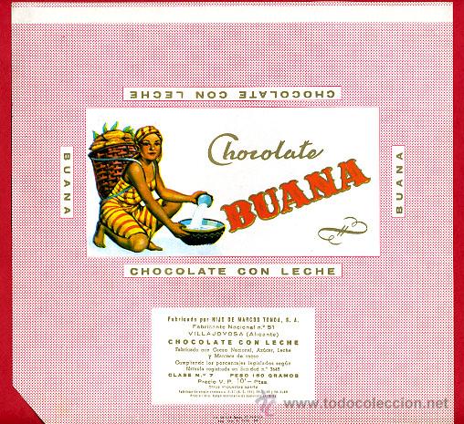 Alte Etiketten: ETIQUETA CARTEL CHOCOLATES, BUANA , CON LECHE , VILLAJOYOSA ALICANTE, PUBLICIDAD, ORIGINAL, G32