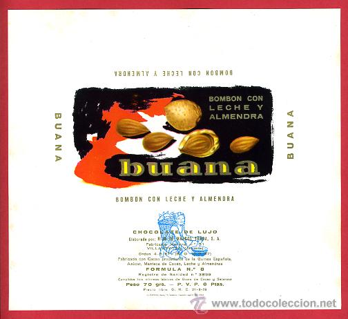 Alte Etiketten: ETIQUETA CARTEL CHOCOLATES, BUANA , LECHE ALMENDRA , VILLAJOYOSA ALICANTE,PUBLICIDAD, ORIGINAL, G37C