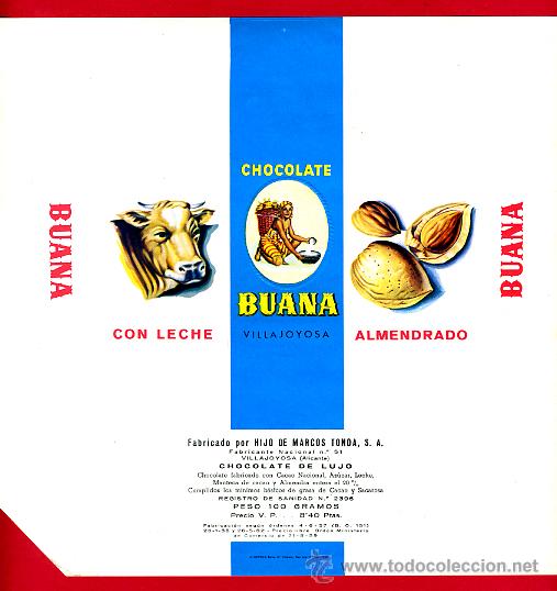 Alte Etiketten: ETIQUETA CARTEL CHOCOLATES, BUANA , ALMENDRADO , VILLAJOYOSA ALICANTE, PUBLICIDAD, ORIGINAL, G38