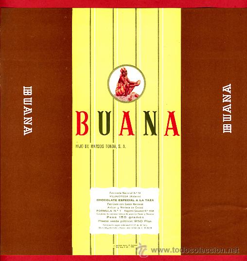 Alte Etiketten: ETIQUETA CARTEL CHOCOLATES, BUANA , A LA TAZA , VILLAJOYOSA ALICANTE, PUBLICIDAD, ORIGINAL, G39