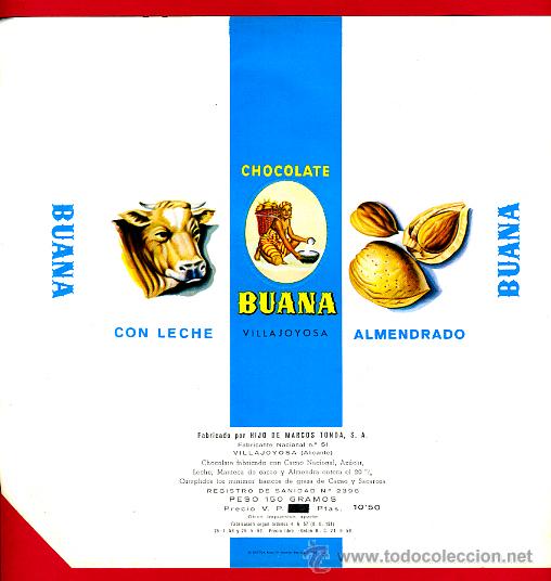 Old Labels: ETIQUETA CARTEL CHOCOLATES, BUANA , ALMENDRADO, VILLAJOYOSA ALICANTE , PUBLICIDAD, ORIGINAL, G44