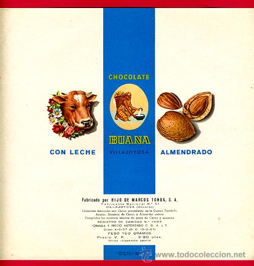 Old Labels: ETIQUETA CARTEL CHOCOLATES, BUANA , ALMENDRADO, VILLAJOYOSA ALICANTE , PUBLICIDAD, ORIGINAL, G45