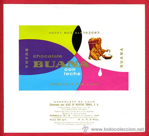 Alte Etiketten: ETIQUETA CARTEL CHOCOLATES, BUANA , CON LECHE , VILLAJOYOSA ALICANTE , PUBLICIDAD, ORIGINAL, G46