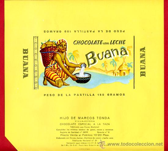 Alte Etiketten: ETIQUETA CARTEL CHOCOLATES, BUANA , CON LECHE , VILLAJOYOSA ALICANTE , PUBLICIDAD, ORIGINAL, G49