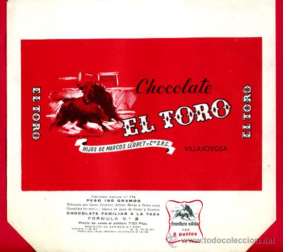Alte Etiketten: ETIQUETA CARTEL CHOCOLATES, EL TORO , VILLAJOYOSA ALICANTE , PUBLICIDAD, ORIGINAL, G56