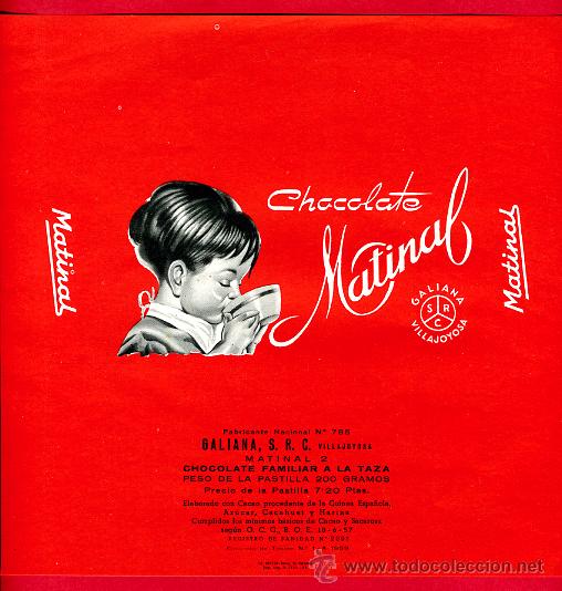 Alte Etiketten: ETIQUETA CARTEL CHOCOLATES, MATINAL N&ordm; 2 , VILLAJOYOSA ALICANTE , PUBLICIDAD, ORIGINAL, G61