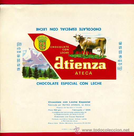 Alte Etiketten: ETIQUETA CARTEL CHOCOLATES, ATIENZA CON LECHE , ATECA ZARAGOZA , PUBLICIDAD, ORIGINAL, G75