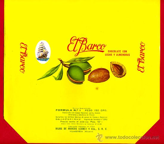 Etichette antiche: ETIQUETA CARTEL CHOCOLATES, EL BARCO LECHE ALMEND, VILLAJOYOSA ALICANTE , PUBLICIDAD, ORIGINAL, G102