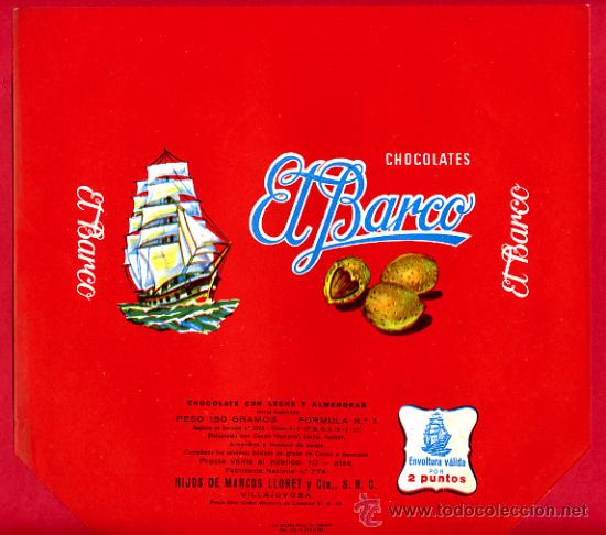 Etichette antiche: ETIQUETA CARTEL CHOCOLATES, EL BARCO ALMENDRAS , VILLAJOYOSA ALICANTE , PUBLICIDAD, ORIGINAL, G105